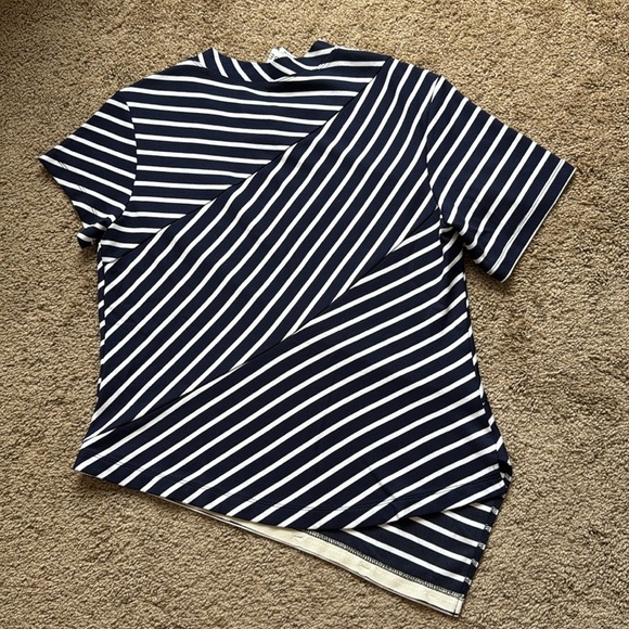 Monse Navy Blue White Striped Asymmetrical Short Sleeve T Shirt Top - Picture 7 of 7